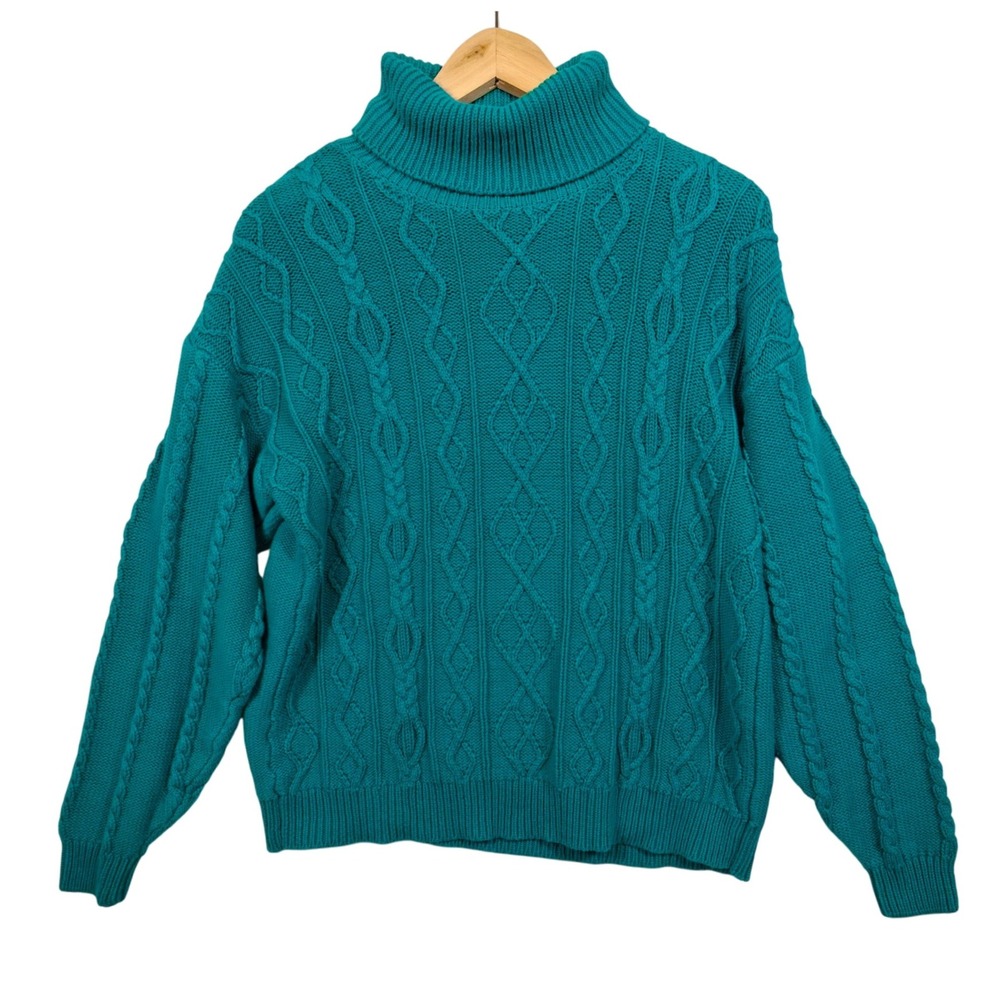 Vintage Teal Cable Fisherman Sweater‎ S Turtleneck Ski Chunky Cozy Winter Vibe